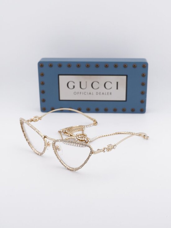 Gucci GG1569S 002 Cat Eye Sunglasses - Gold with White Stone / Brown main image 5